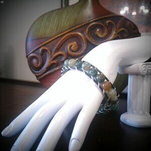 SIMPLY BLING  Black Leather Green/Gray Beaded Bracelet Size 8"